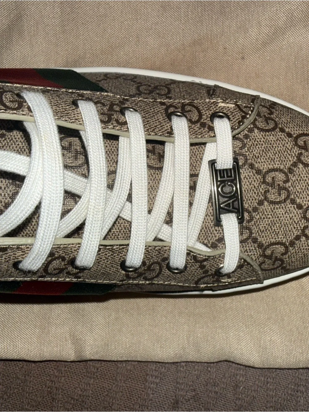 Gucci Brown GG Canvas Sneaker with White Laces and Green-Red Web